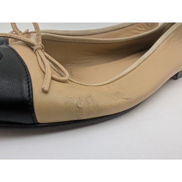 Authentic Chanel CC Logo Lambskin Bow Tie Cap Toe Ballet Flats Size 39.5 - Picture 6 of 8